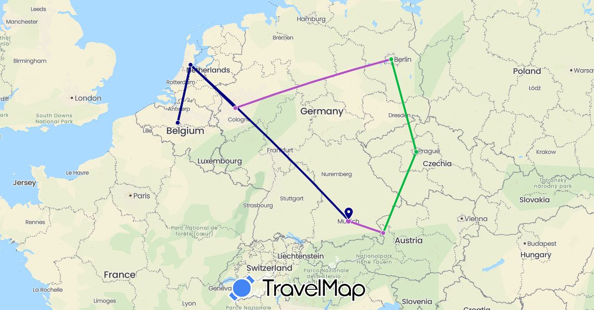 TravelMap itinerary: driving, bus, train in Austria, Belgium, Czech Republic, Germany, Netherlands (Europe)